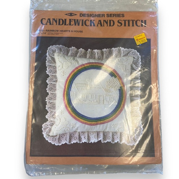 Unbranded Other - VTG Candlewick and Stitch Pillow Kit DS15 Rainbow Hearts & House 14" Square New